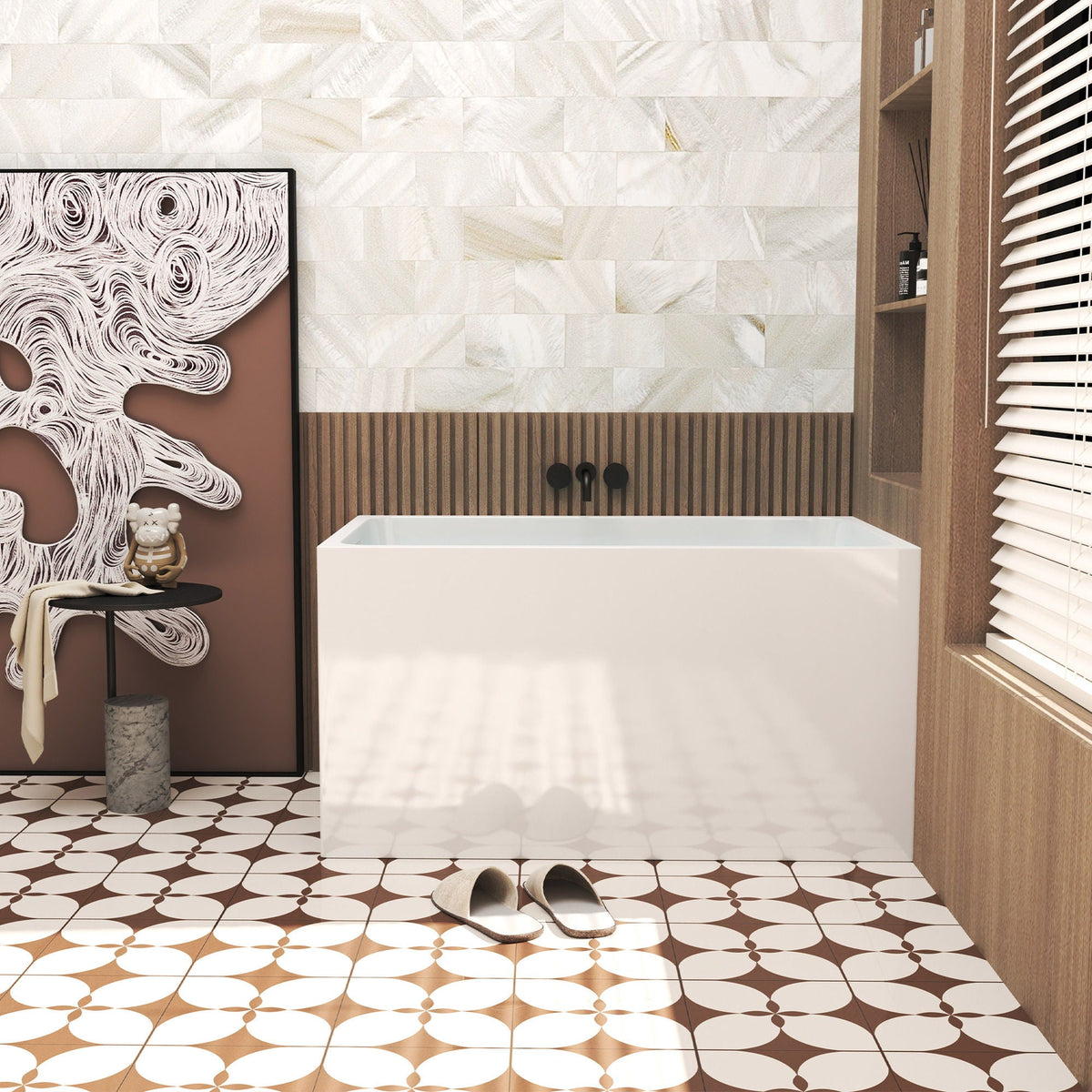 Modern glossy white freestanding acrylic bathtub by HouseOfZazla in chic bathroom with wood paneling on Tampa Home & Garden Store
