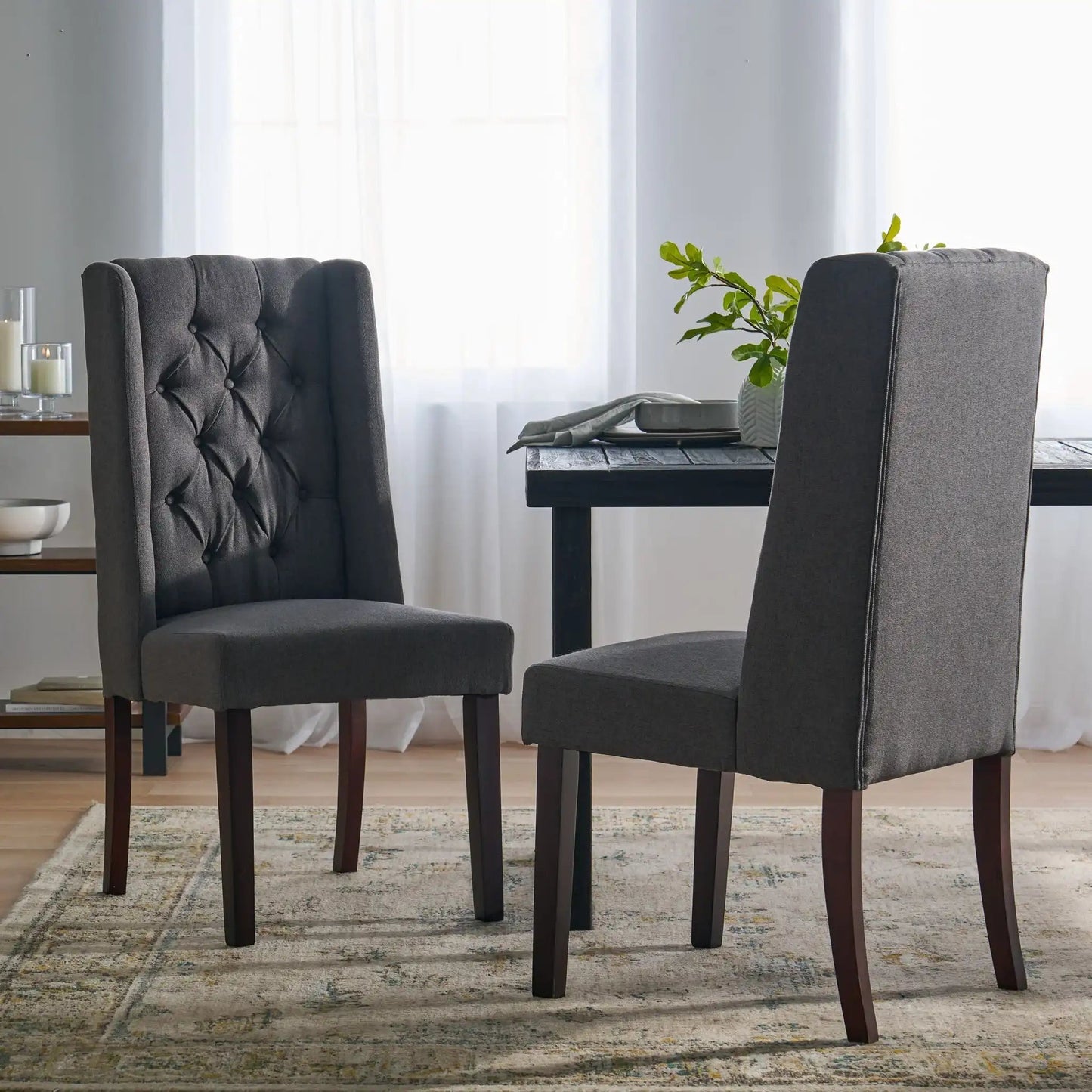 HouseOfZazla tufted high-back dining chairs in dark gray fabric with wood legs set of 2 on Tampa Home & Garden Store