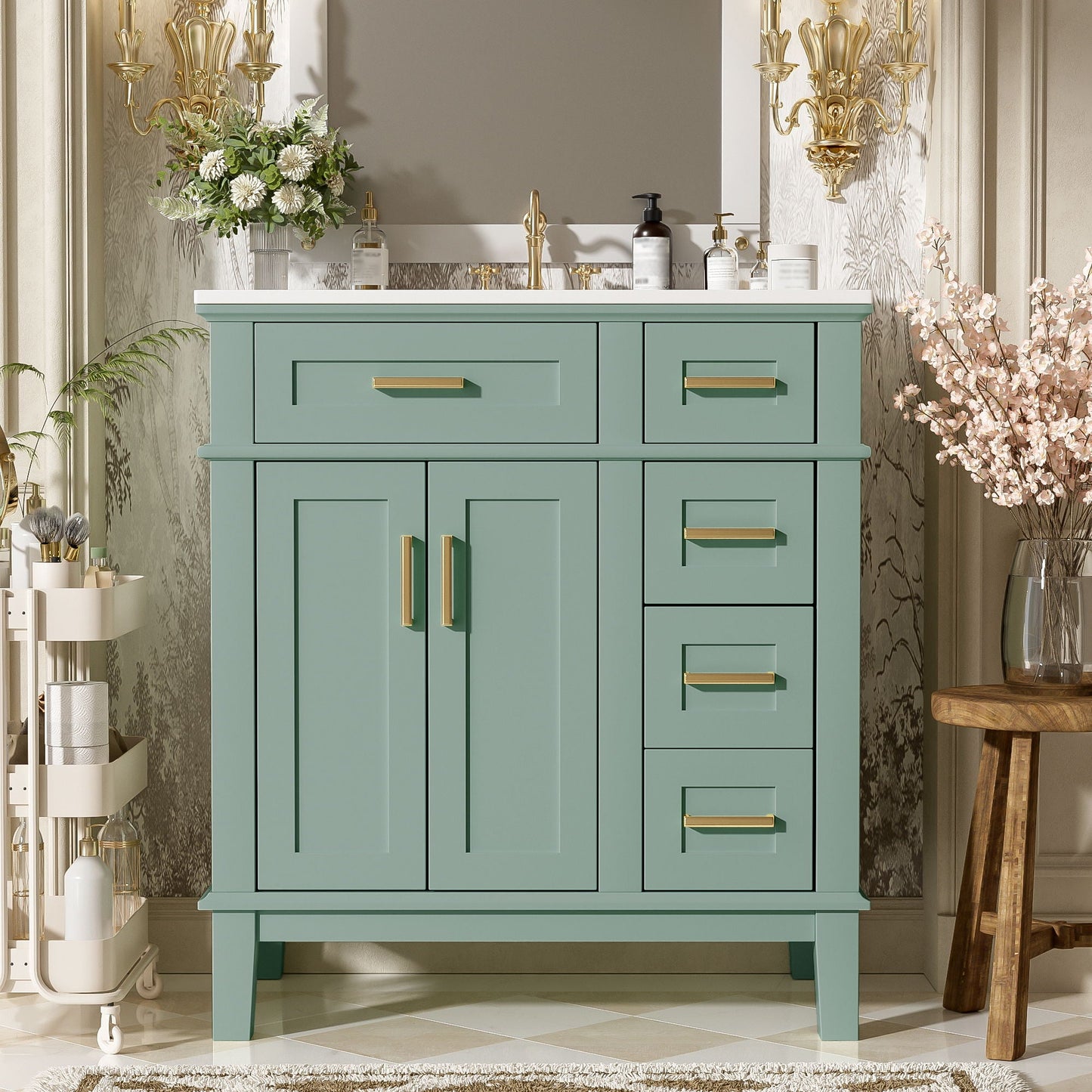 Modern bathroom vanity with sink by HouseOfZazla in teal with brass hardware and ample drawers on Tampa Home & Garden Store