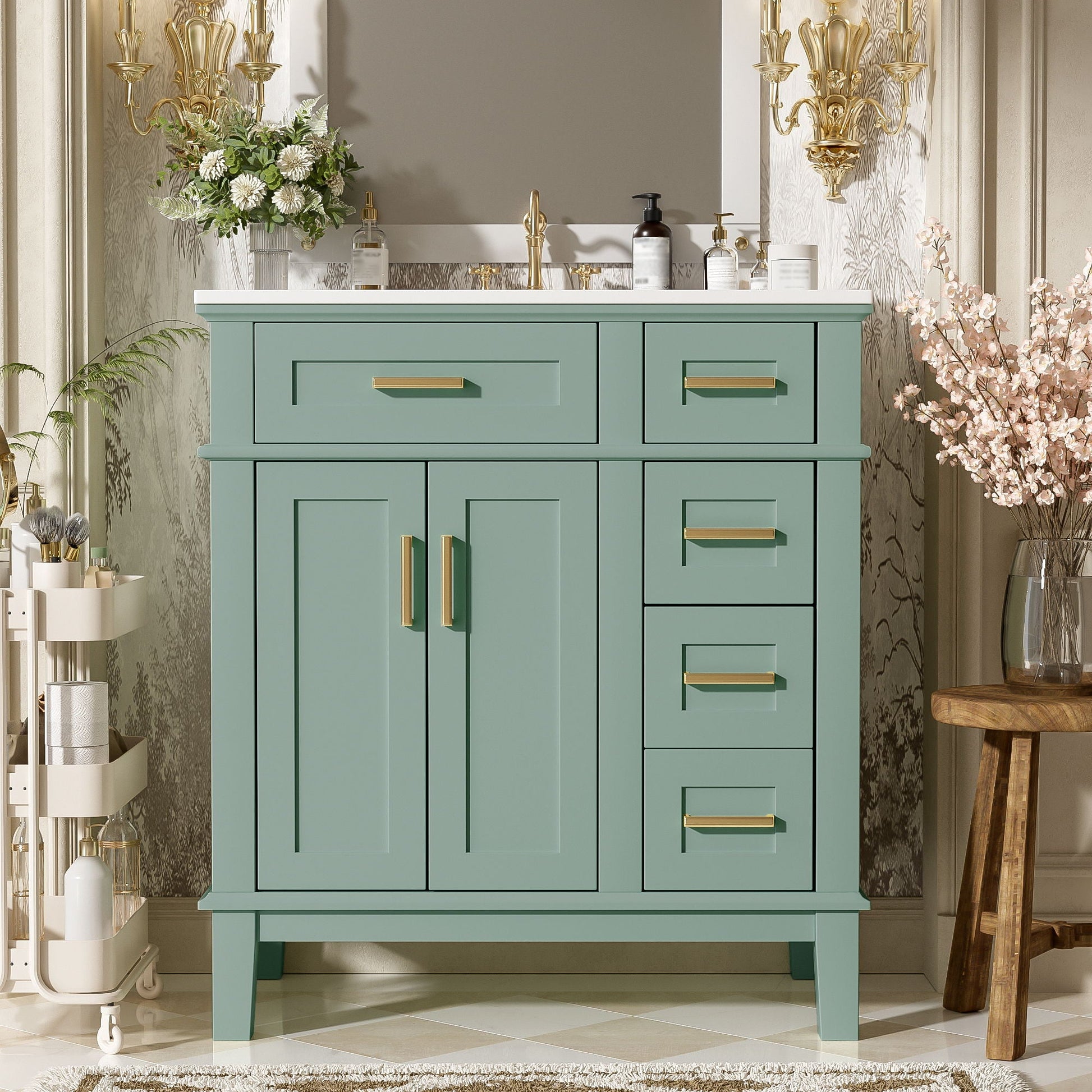 Modern bathroom vanity with sink by HouseOfZazla in teal with brass hardware and ample drawers on Tampa Home & Garden Store