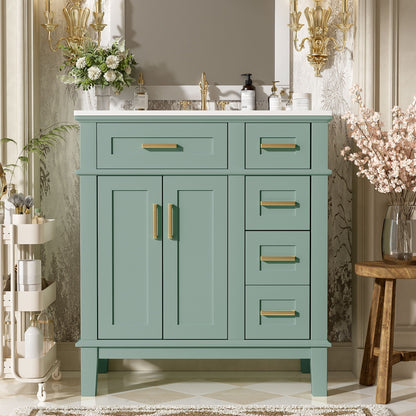 Modern bathroom vanity with sink by HouseOfZazla in teal with brass hardware and ample drawers on Tampa Home & Garden Store