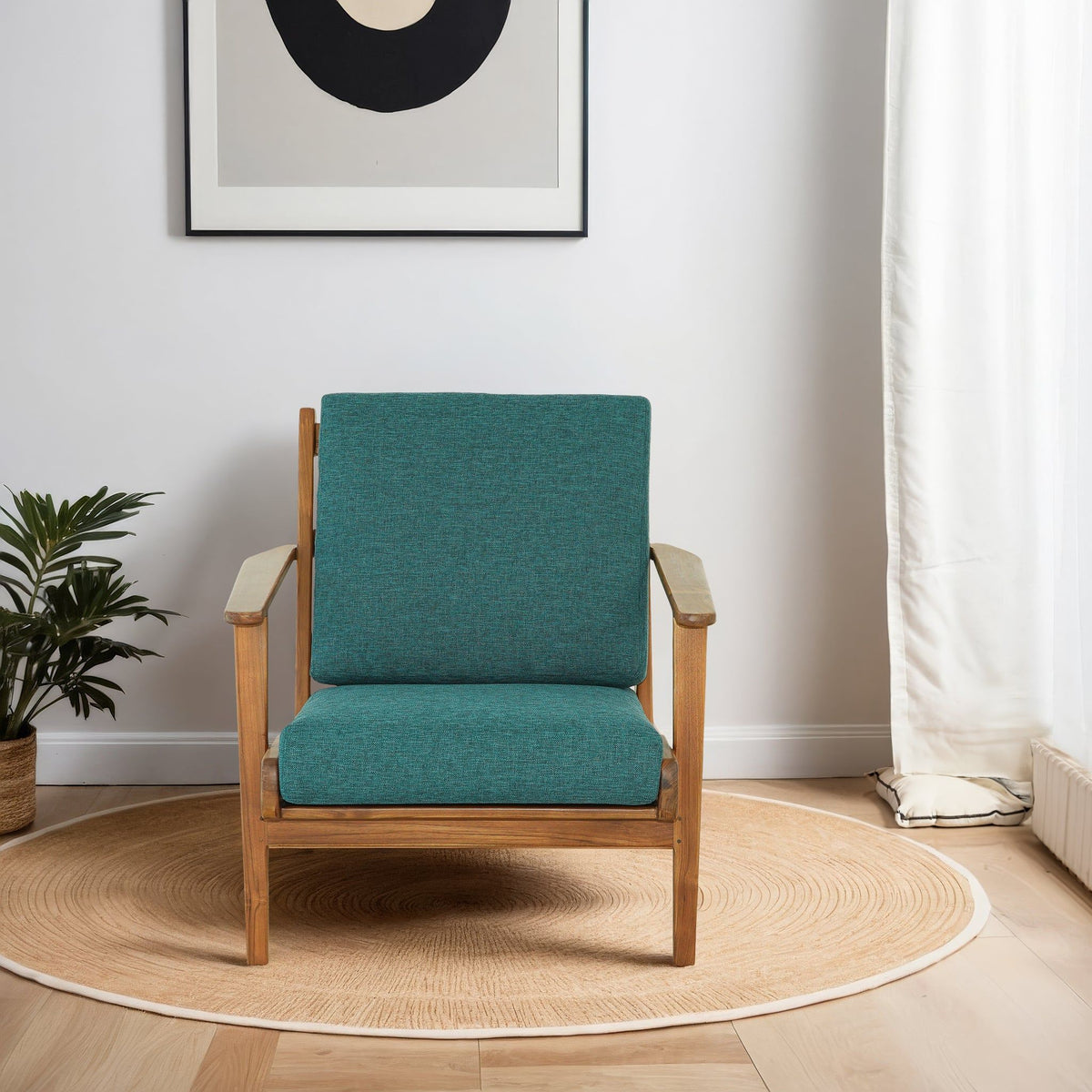 Modern genuine lounge chair teal cushions with wooden frame mid-century style on Tampa Home & Garden Store