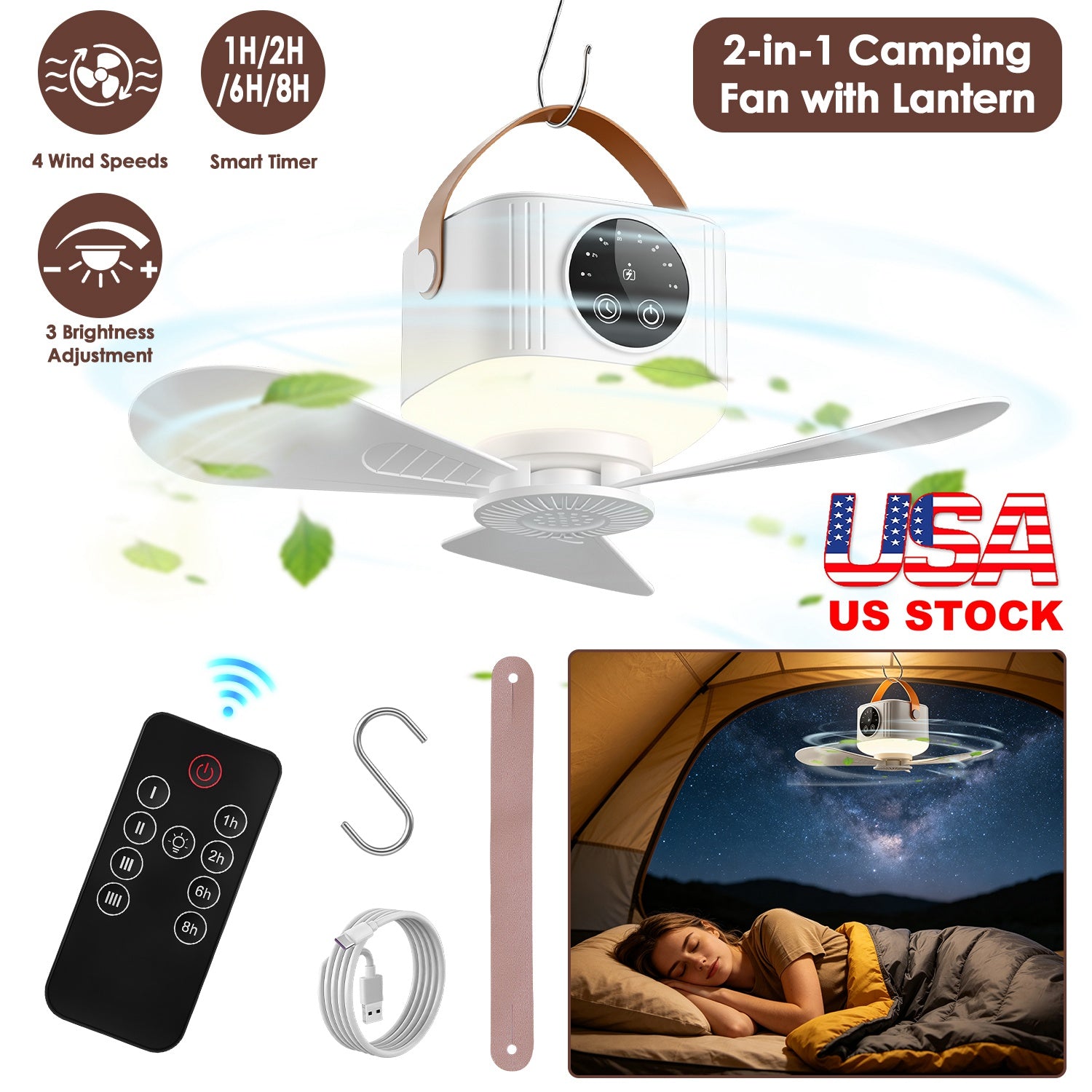 Rechargeable tent ceiling fan with LED light and remote control by GemGear, white body on Tampa Home & Garden Store