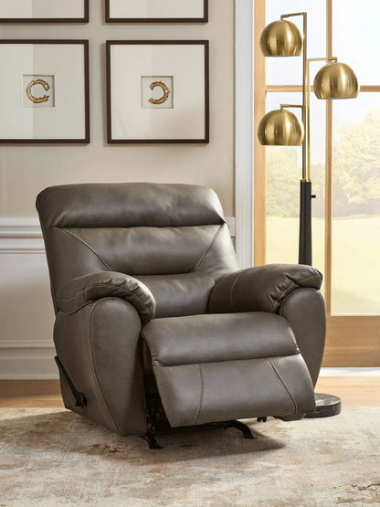 Elksworth - Rocker Recliner by Unique Piece Furniture, gray leather upholstery with padded arms on Tampa Home & Garden Store