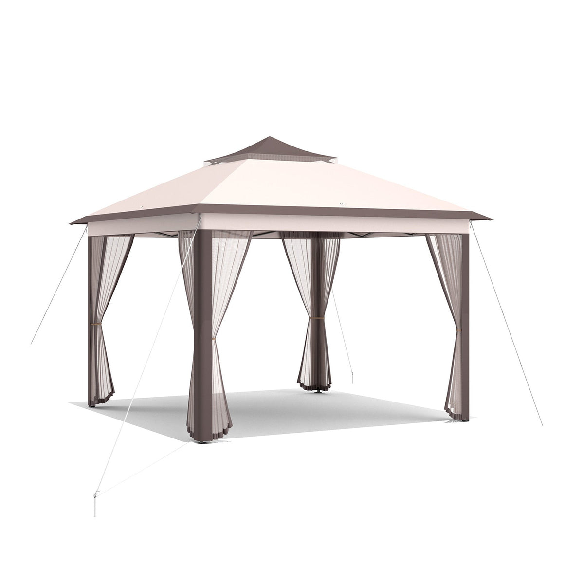 GemGear 11x11 ft pop-up gazebo with beige canopy, brown trim, and mesh curtains on Tampa Home & Garden Store