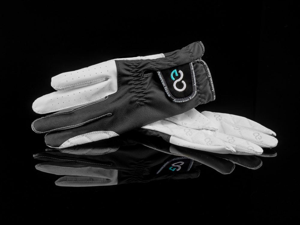 American Equus Equestrian Riding Gloves black and white pair with perforated palms and logo on Tampa Home & Garden Store