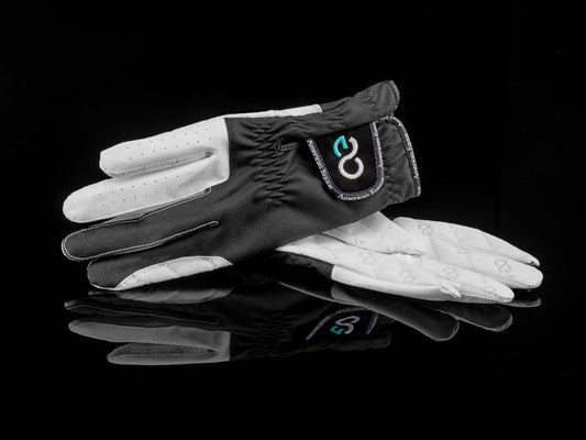 American Equus Equestrian Riding Gloves black and white pair with perforated palms and logo on Tampa Home & Garden Store