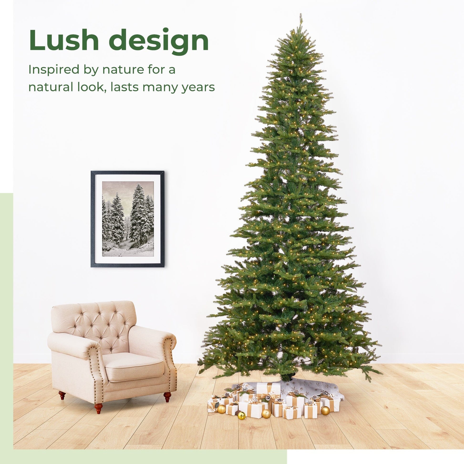 12’ Belgium Fir “Natural Look” Artificial Christmas Tree with 1500 Clear LED Lights and 4962 Bendable Branches - Tampa Home & Garden Store