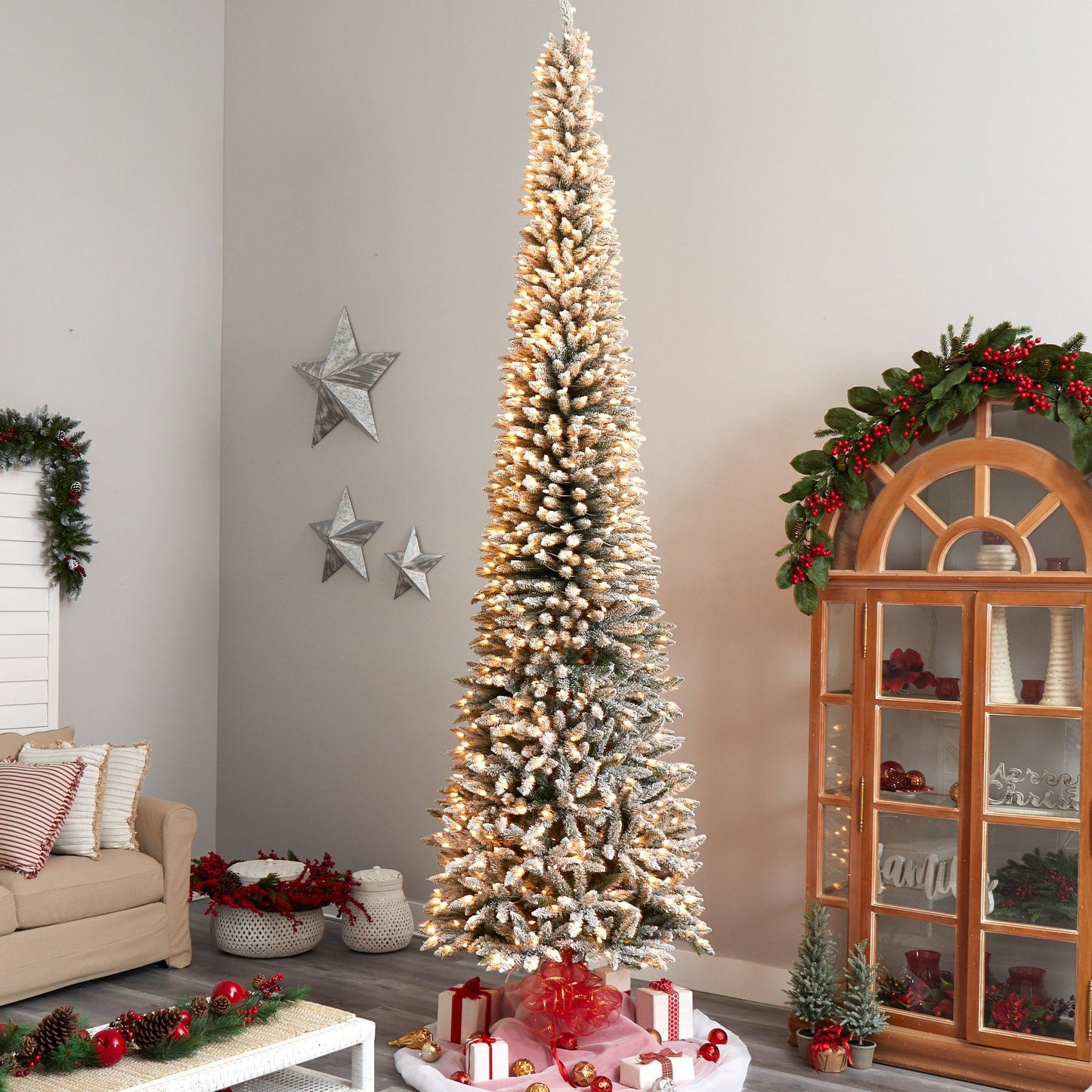 12’ Flocked Pencil Artificial Christmas Tree with 1000 Clear Lights and 1819 Bendable Branches - Tampa Home & Garden Store