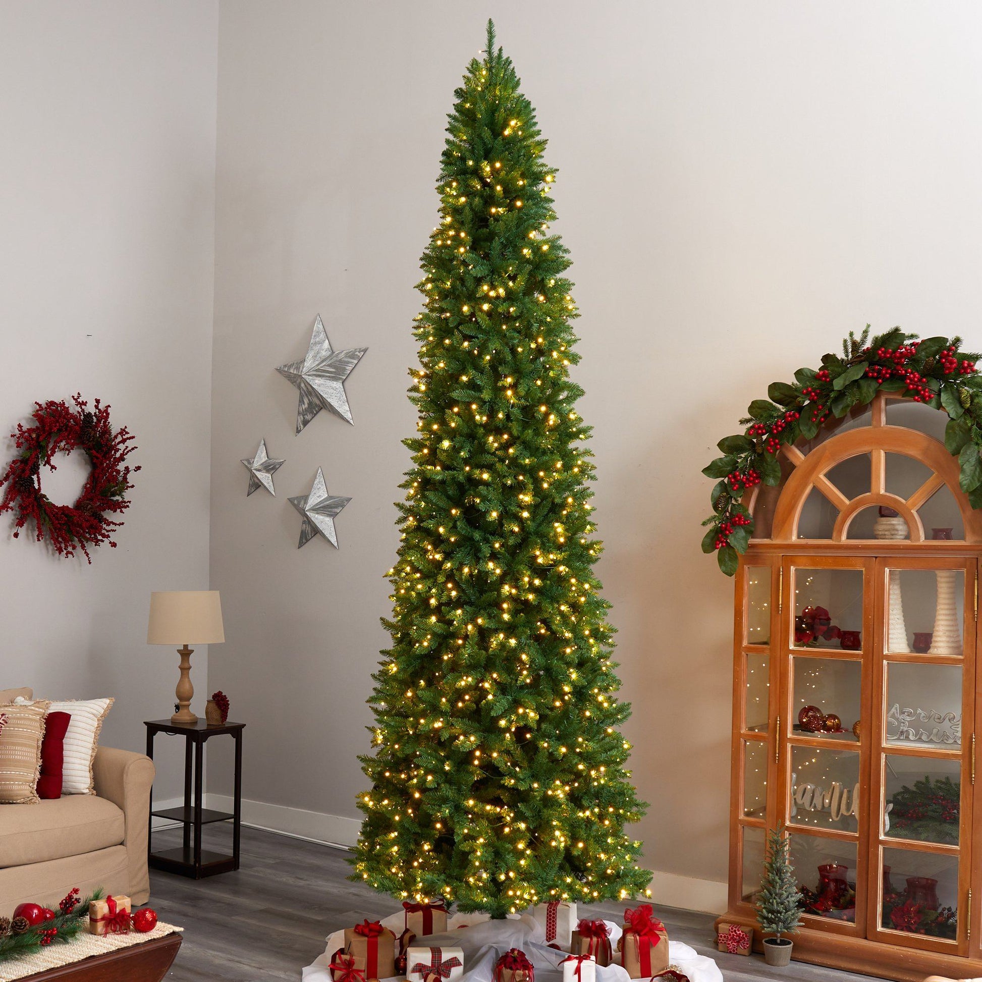12’ Slim Green Mountain Pine Artificial Christmas Tree with 1100 Clear LED Lights and 3235 Tips - Tampa Home & Garden Store