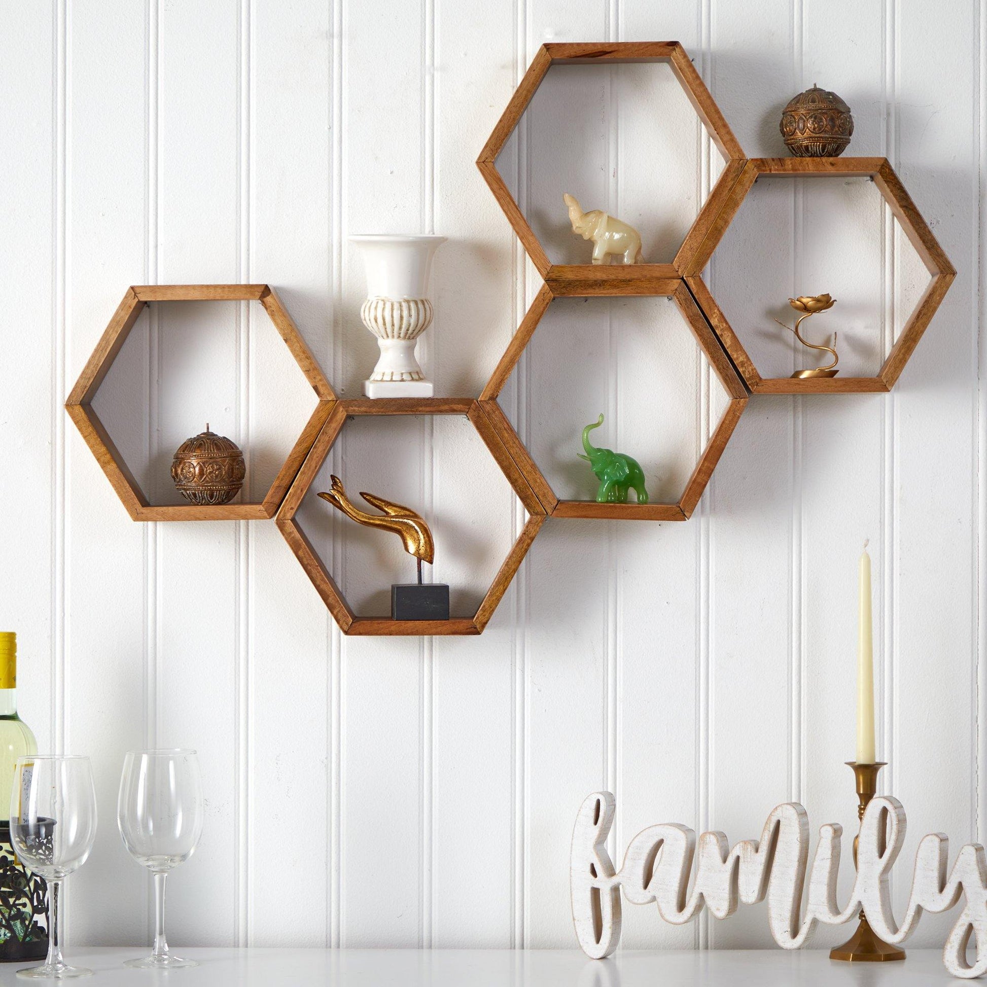 12” Wooden Hexagon Floating Honeycomb Shelve (Set of 5) - Tampa Home & Garden Store