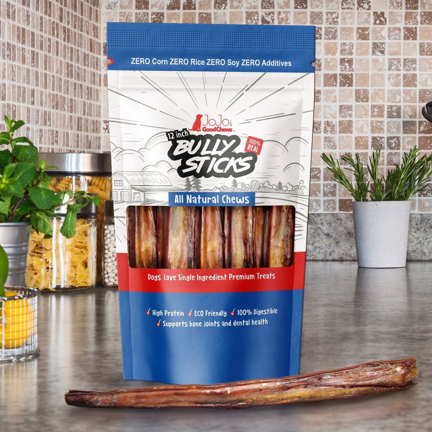 All-Natural Beef Bully Sticks 12-inch jumbo 2-pack single-ingredient dog chews in blue packaging on Tampa Home & Garden Store