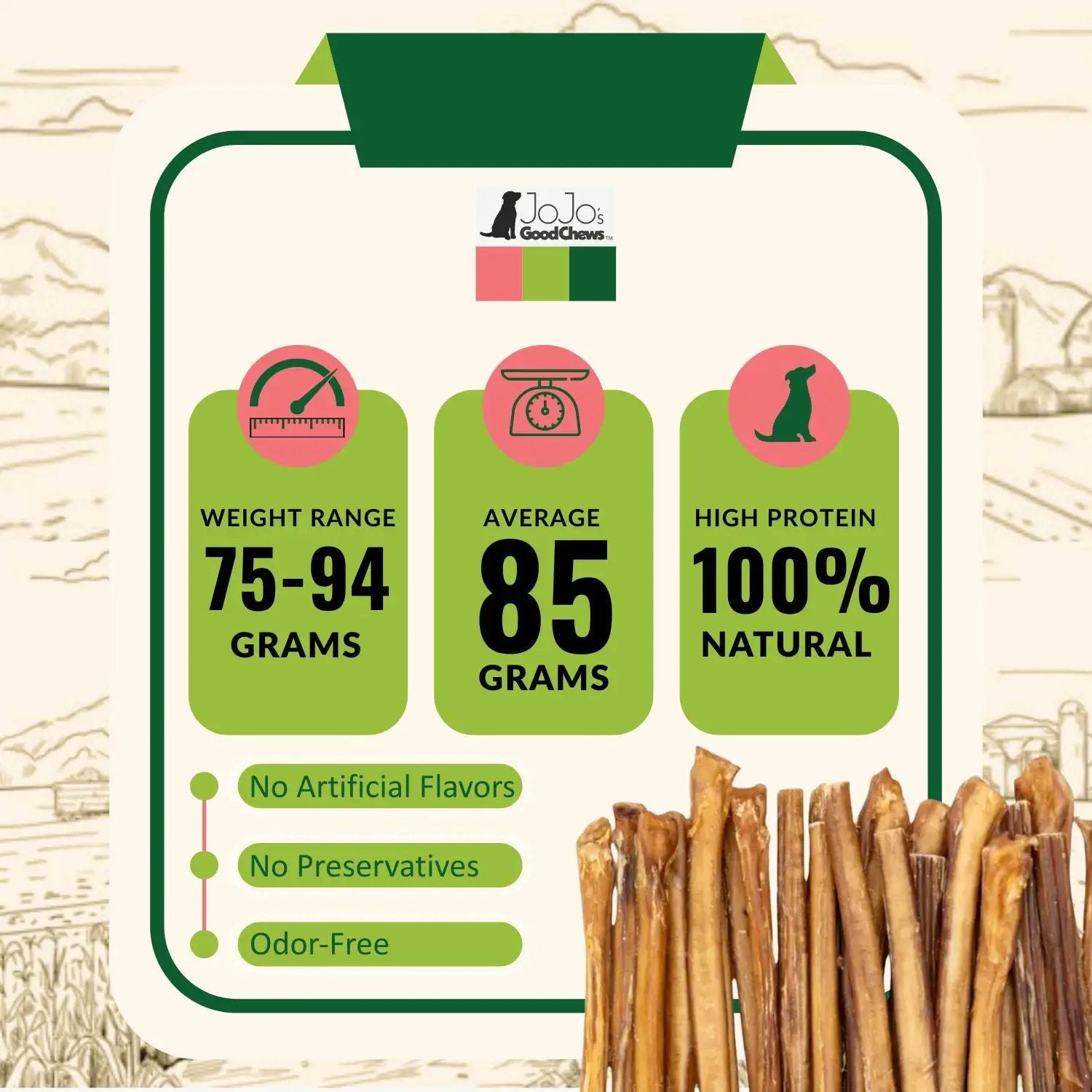 Beef bully sticks jumbo dog treats 2-pack on JoJo's Good Chews with weight and protein on Tampa Home & Garden Store