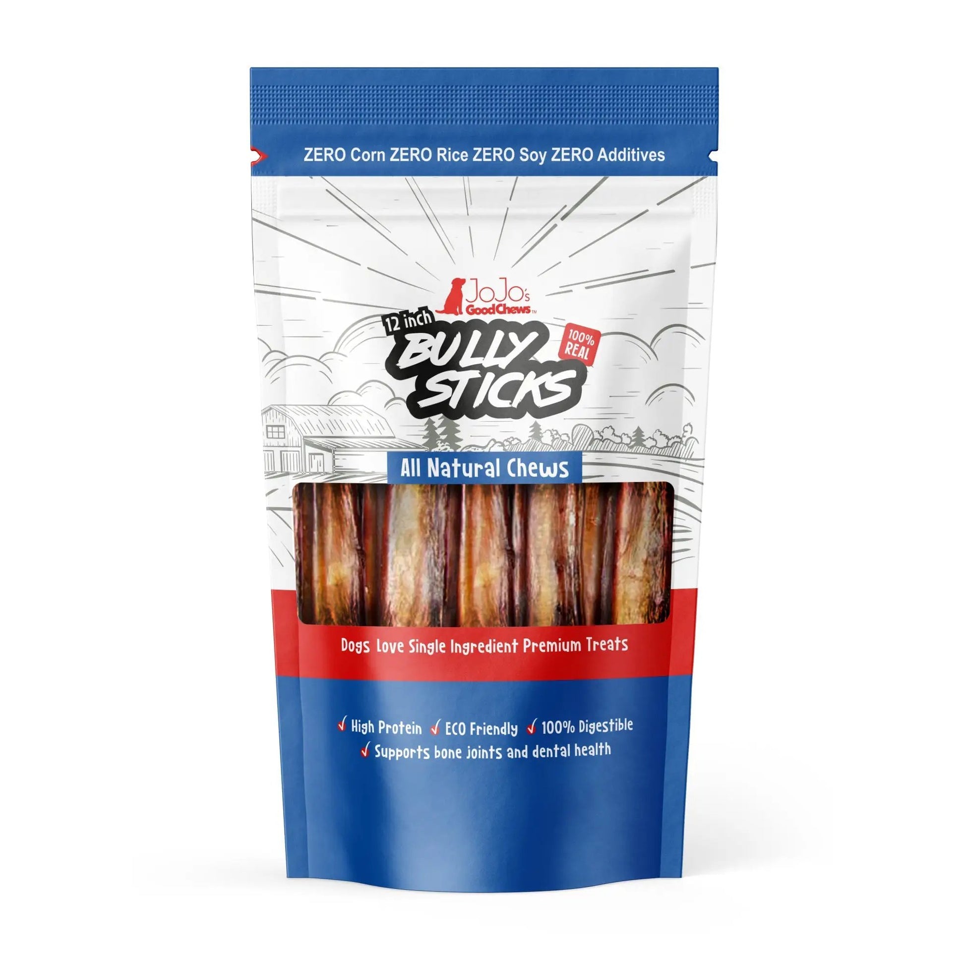 All-Natural Beef Bully Stick dog treats, 12-inch 2-pack in blue-white packaging JoJo's on Tampa Home & Garden Store