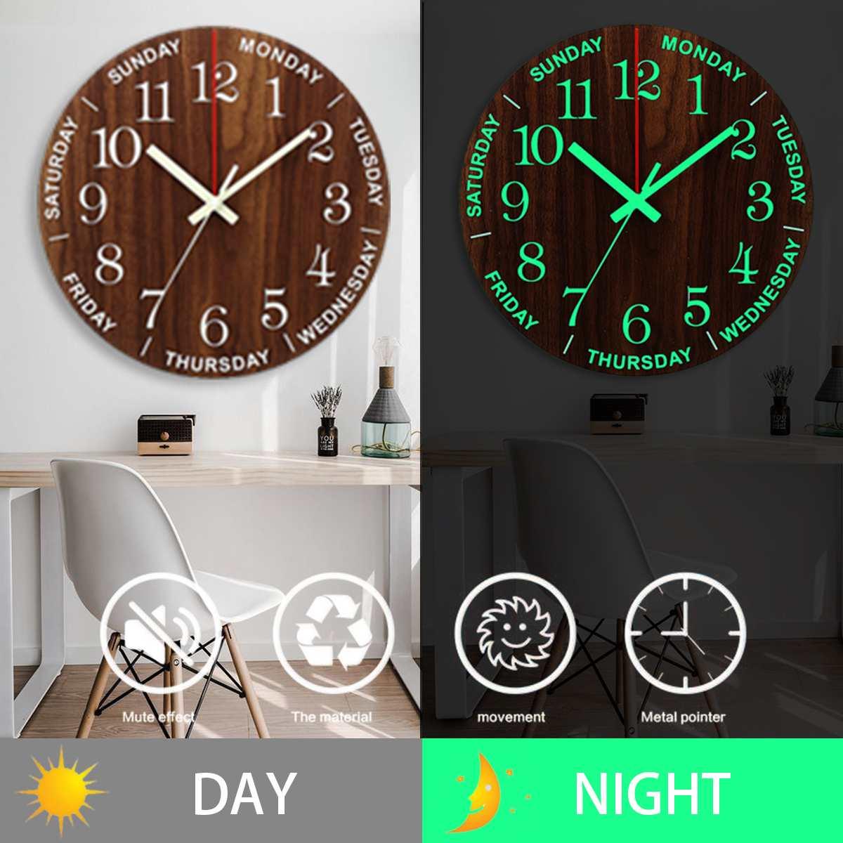 Stevvex 12 Inch luminous wooden wall clock with night light day and night views on Tampa Home & Garden Store