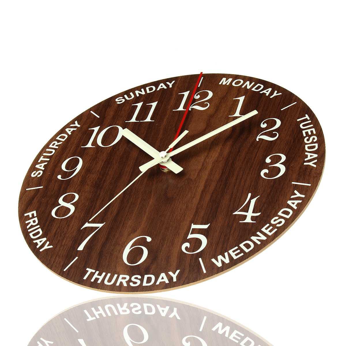 Stevvex 12-inch wooden wall clock with day-of-week ring, white numerals and hands, red second hand, Nordic style on Tampa Home & Garden Store