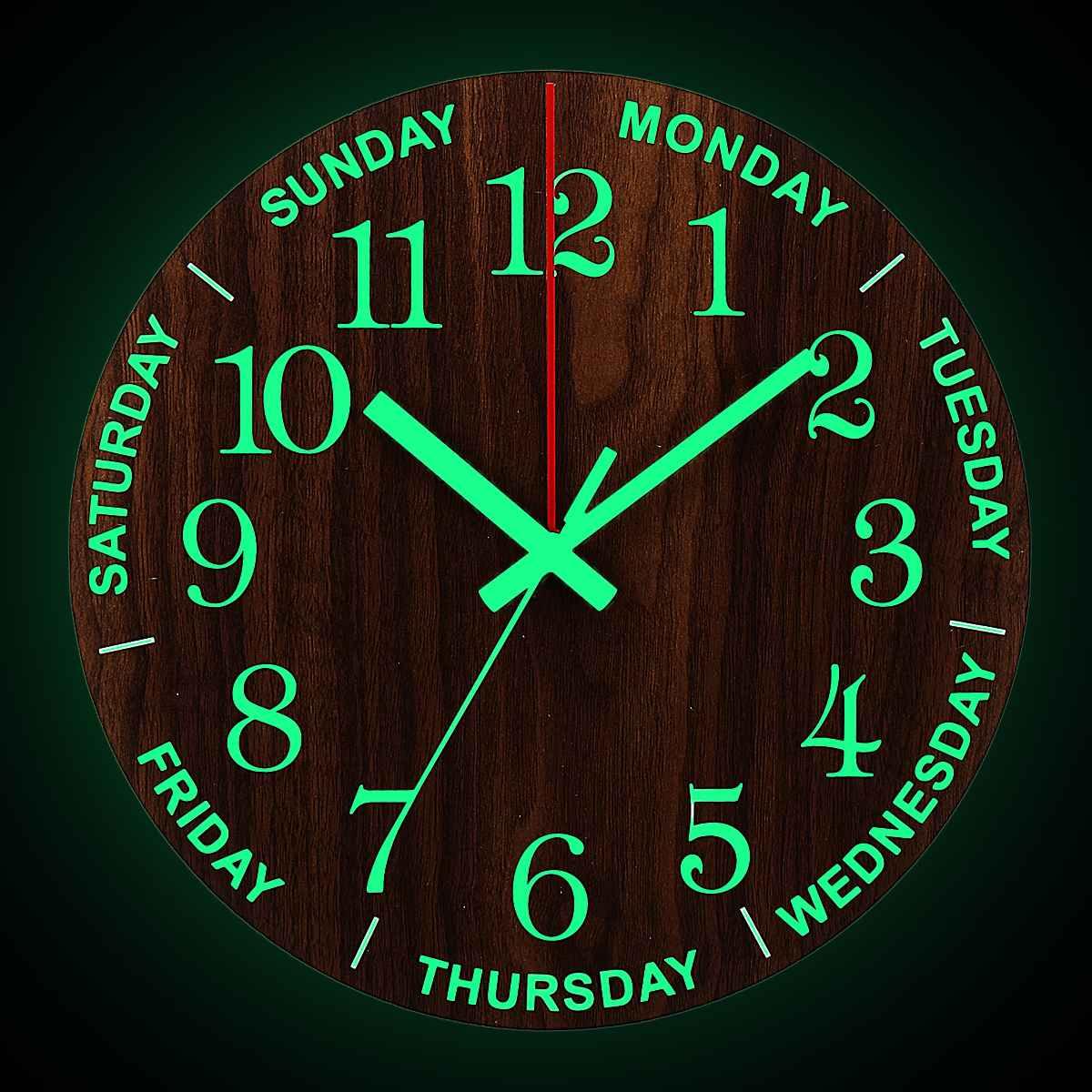 12 inch luminous wooden wall clock by Stevvex with neon green numbers and day labels on Tampa Home & Garden Store