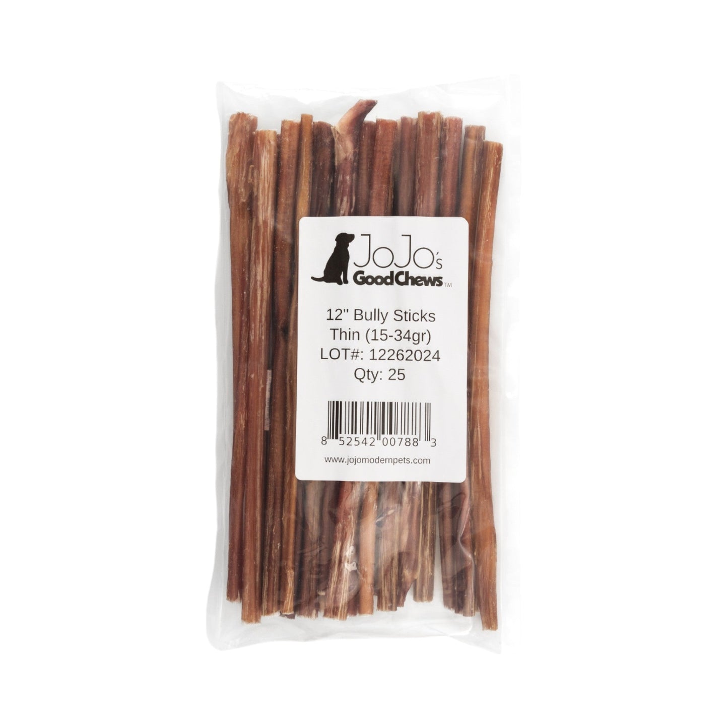 All-Natural Beef Bully Sticks dog treats, JoJo's GoodChews, 12in thin, 25ct package on Tampa Home & Garden Store