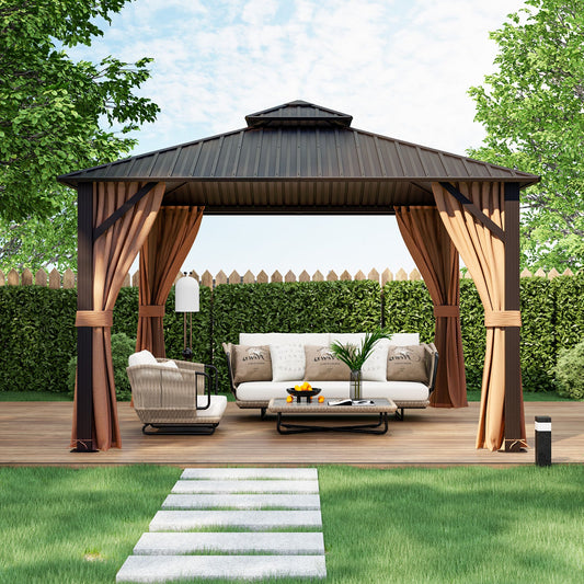 12 x 12 Feet Double-Roof Patio Hardtop Gazebo with Galvanized Steel Roof Netting and Curtains-Coffee - Tampa Home & Garden Store