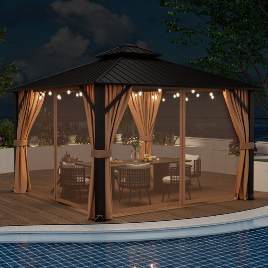 12 x 12 Feet Double-Roof Patio Hardtop Gazebo with Galvanized Steel Roof Netting and Curtains-Coffee - Tampa Home & Garden Store