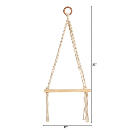 12” x 22” Hand Woven Macrame Wall Hanging with Wooden Shelf - Tampa Home & Garden Store