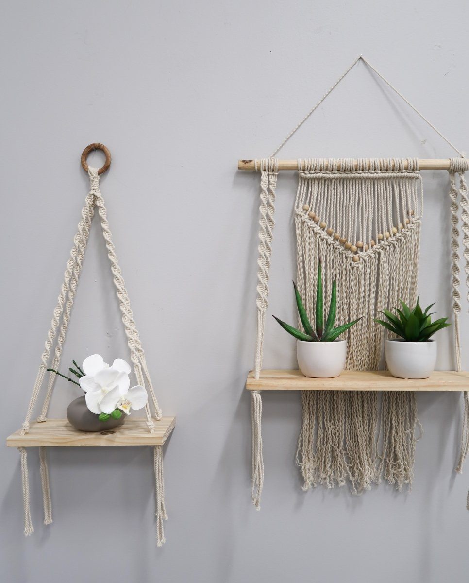 12” x 22” Hand Woven Macrame Wall Hanging with Wooden Shelf - Tampa Home & Garden Store