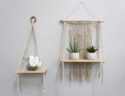 12” x 22” Hand Woven Macrame Wall Hanging with Wooden Shelf - Tampa Home & Garden Store