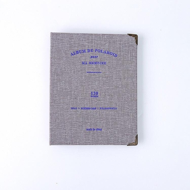 120-pocket PU leather photo album for 3-inch Polaroid Mini Stevvex, gray cover with blue stamp on Tampa Home & Garden Store