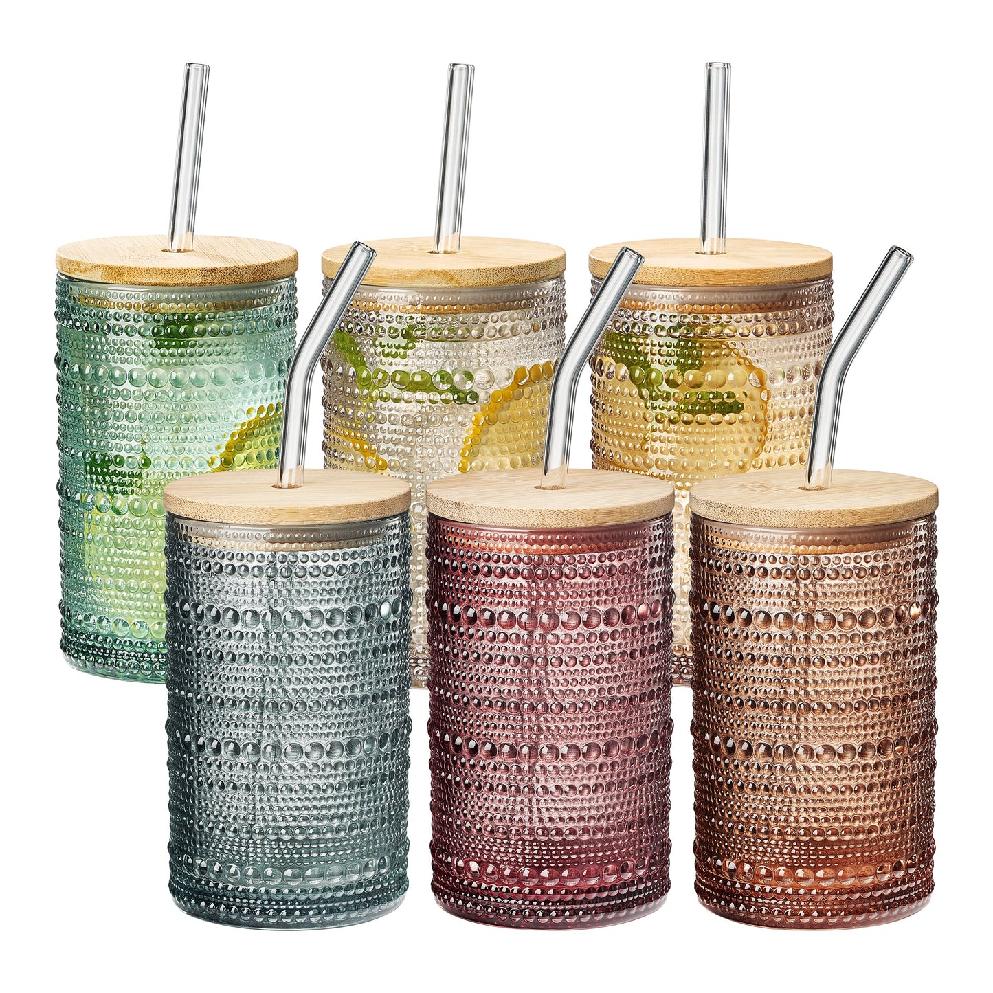 6 Hobnail Highball Glasses With Lids and Straws