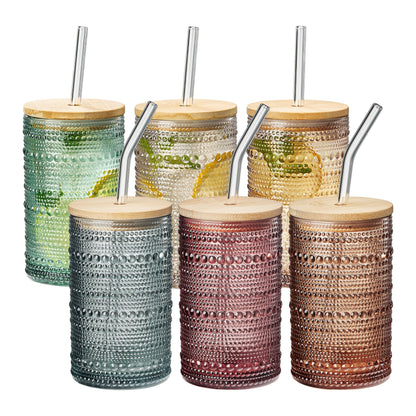 6 Hobnail Highball Glasses With Lids and Straws