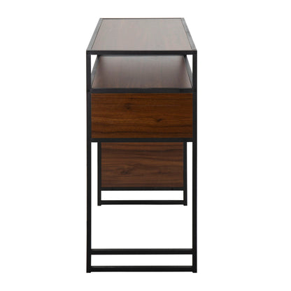 Farmhouse bar height table with storage, two-tone wood top and shelf, metal frame on Tampa Home & Garden Store