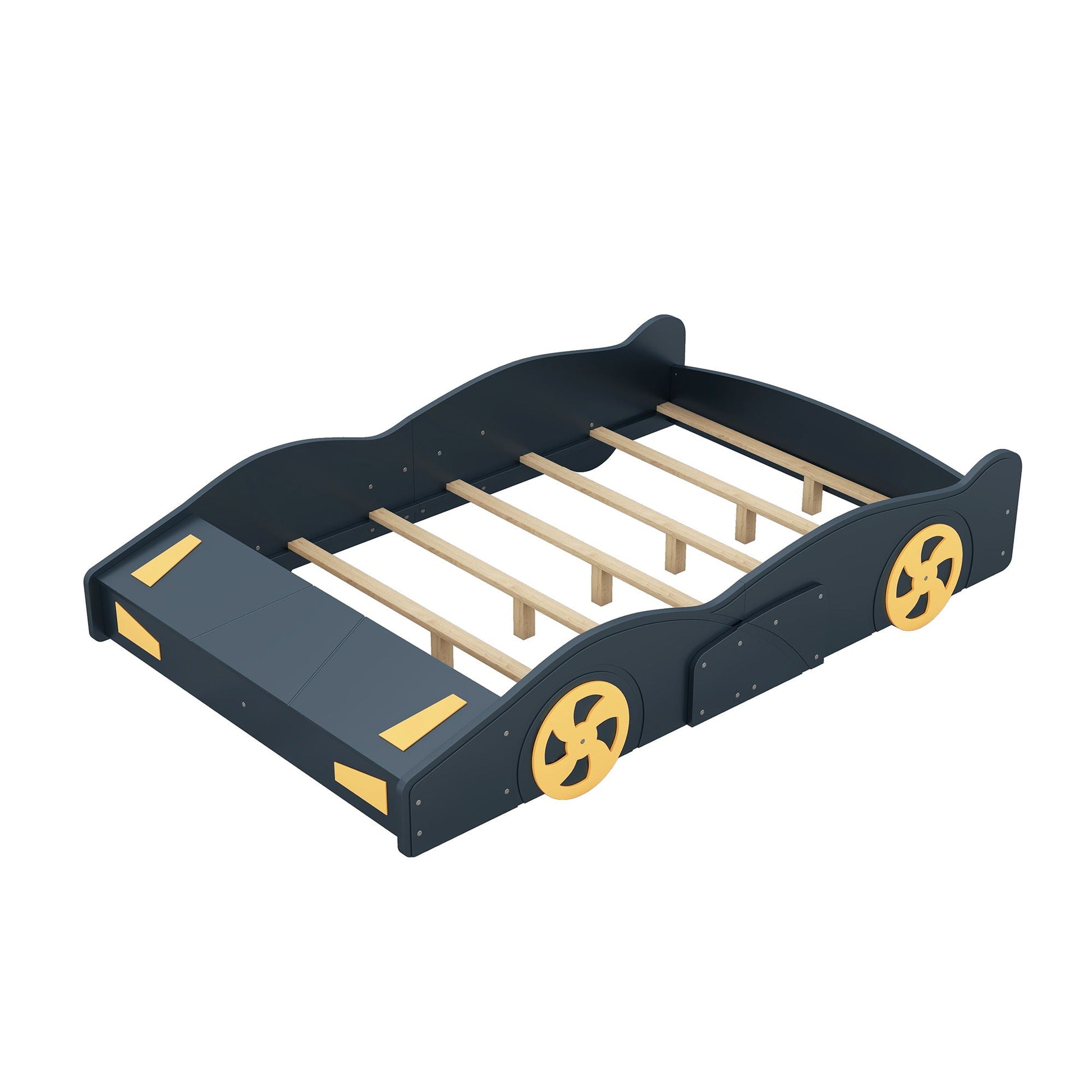 Race car shaped platform bed with wheels and storage in dark navy with yellow wheels and slats on Tampa Home & Garden Store
