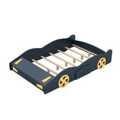 Race car shaped platform bed with wheels and storage in dark navy with yellow wheels and slats on Tampa Home & Garden Store