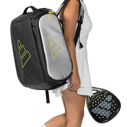 Adidas Padel Bag Tour Silver 26 racket bag in black with yellow logo, shown with paddle on Tampa Home & Garden Store