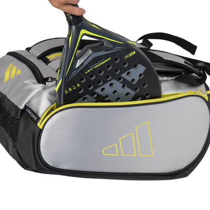 Adidas Padel Bag Racket Bag Tour Silver 26 grey bag with neon yellow trim and a racket inserted on Tampa Home & Garden Store