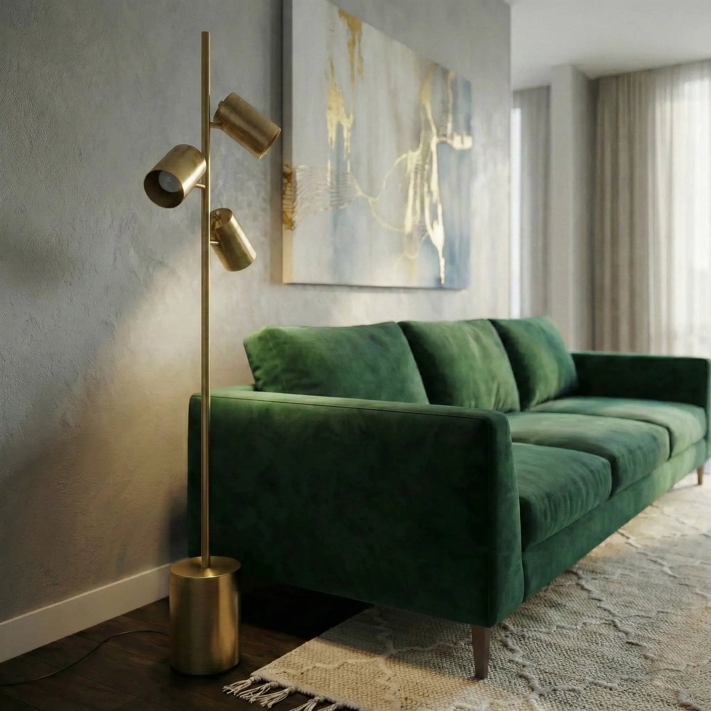 Harmony floor lamp gold finish with three adjustable spot heads on a block base by Unique Piece Furniture on Tampa Home & Garden Store