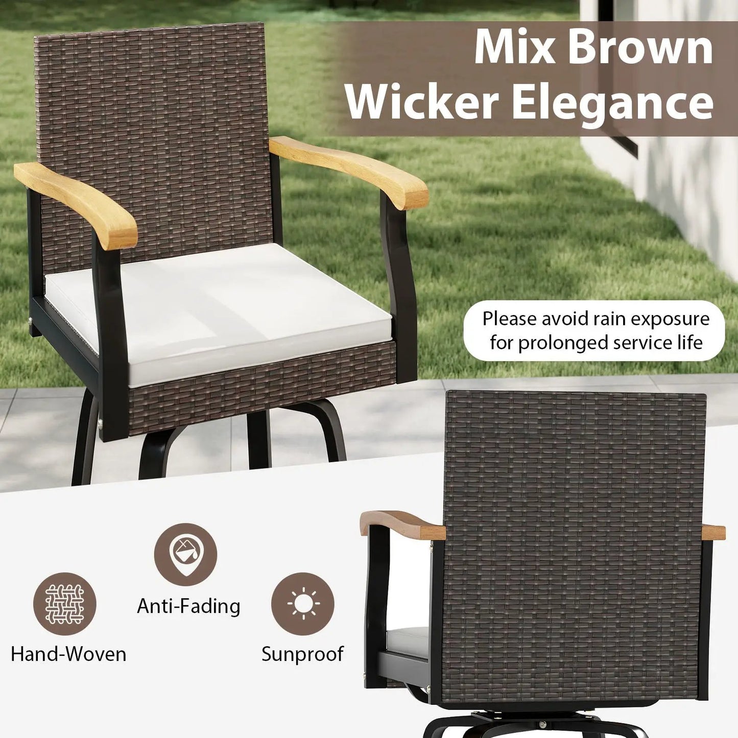 Set of 2 360° swivel bar stools with cushions and acacia wood arms in brown wicker on Tampa Home & Garden Store