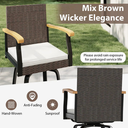 Set of 2 360° swivel bar stools with cushions and acacia wood arms in brown wicker on Tampa Home & Garden Store