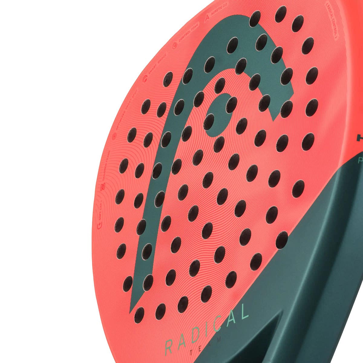 Padel racket Radical Team 2026, coral pink hitting surface with teal frame and perforated dots on Tampa Home & Garden Store