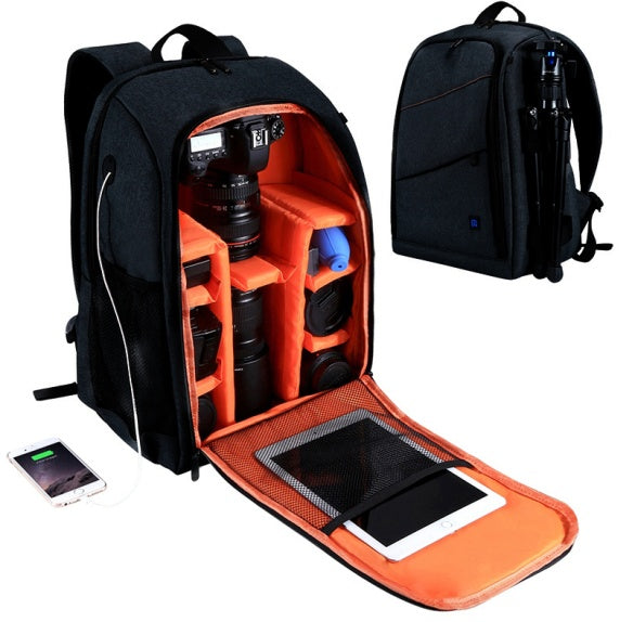 My Store waterproof camera backpack with orange padded interior and front tablet pocket on Tampa Home & Garden Store