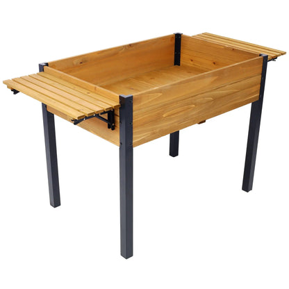 Raised garden bed planter with wood panels, black metal legs, and two fold-out side shelves on Tampa Home & Garden Store