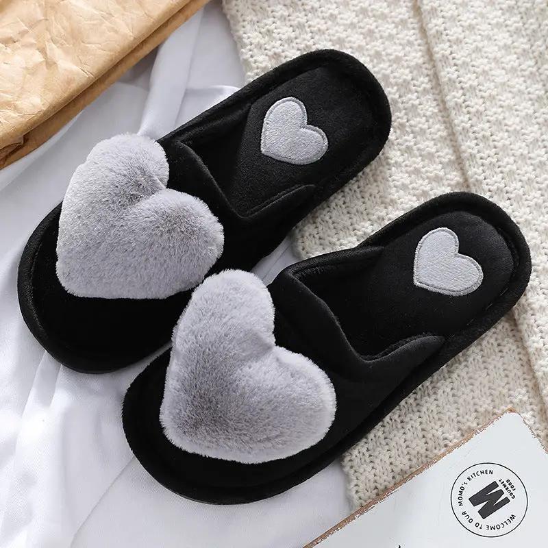 Love heart slippers, black fluffy home shoes with gray heart accents FLIPSTYLEZLLC on Tampa Home & Garden Store