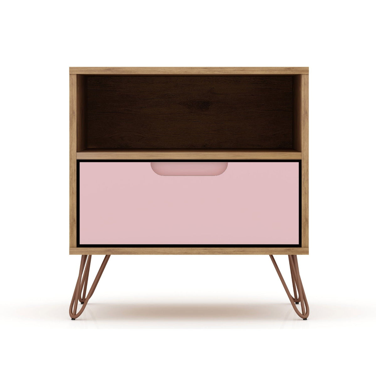 Rockefeller Nightstand with 1 drawer, natural wood frame, pink front, dark interior, splayed legs on Tampa Home & Garden Store