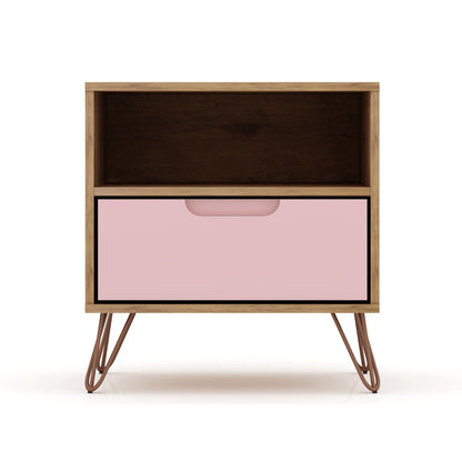 Rockefeller Nightstand with 1 drawer, natural wood frame, pink front, dark interior, splayed legs on Tampa Home & Garden Store