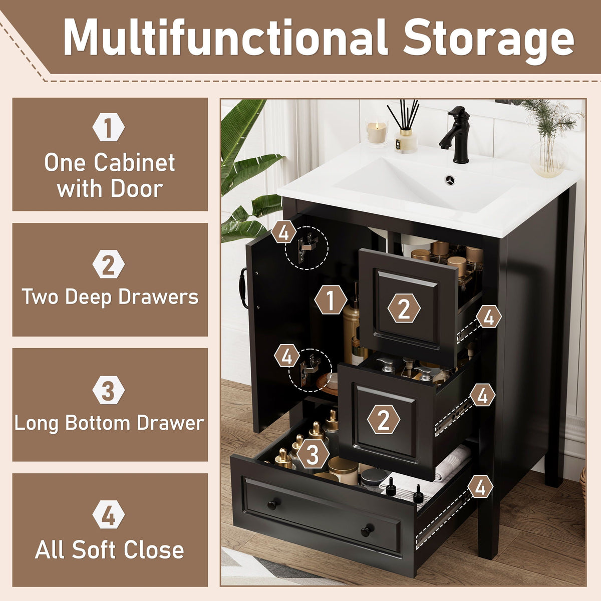 Retro bathroom vanity with ceramic sink in black finish, white top, soft-close drawers on Tampa Home & Garden Store