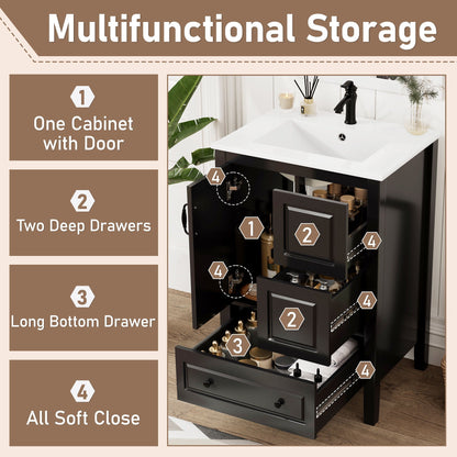 Retro bathroom vanity with ceramic sink in black finish, white top, soft-close drawers on Tampa Home & Garden Store