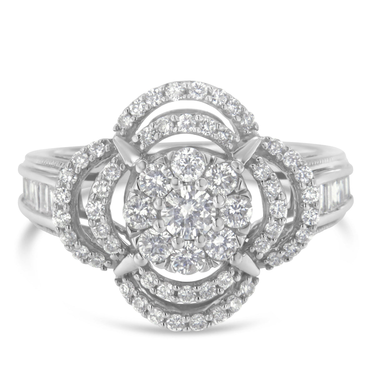 14K white gold diamond floral cluster cocktail ring with pavé round and baguette stones on Tampa Home & Garden Store