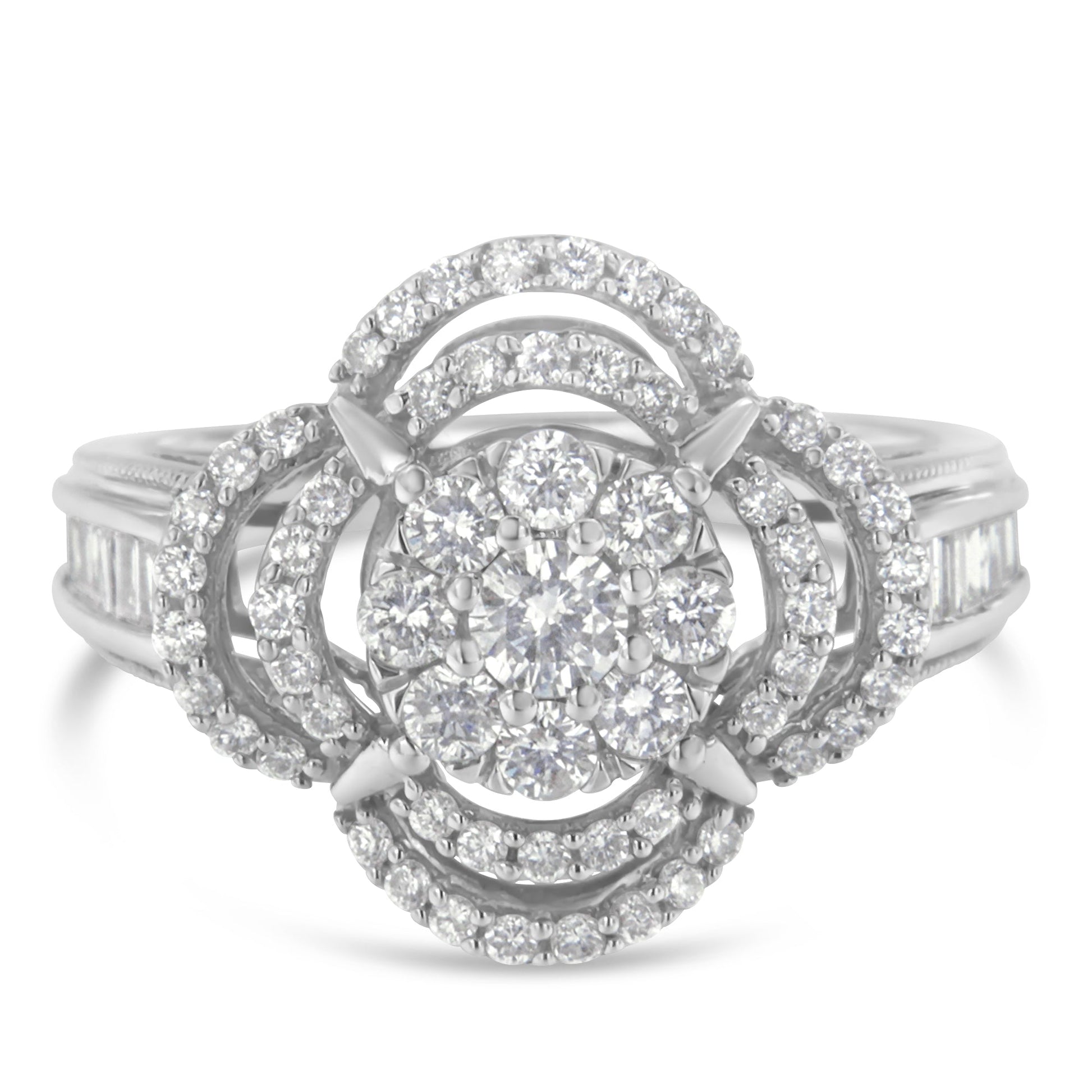 14K white gold diamond floral cluster cocktail ring with pavé round and baguette stones on Tampa Home & Garden Store