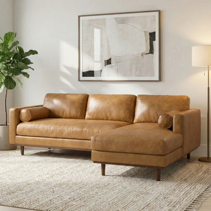 Morrison upholstered stationary sectional sofa in caramel leather with wood legs on Tampa Home & Garden Store