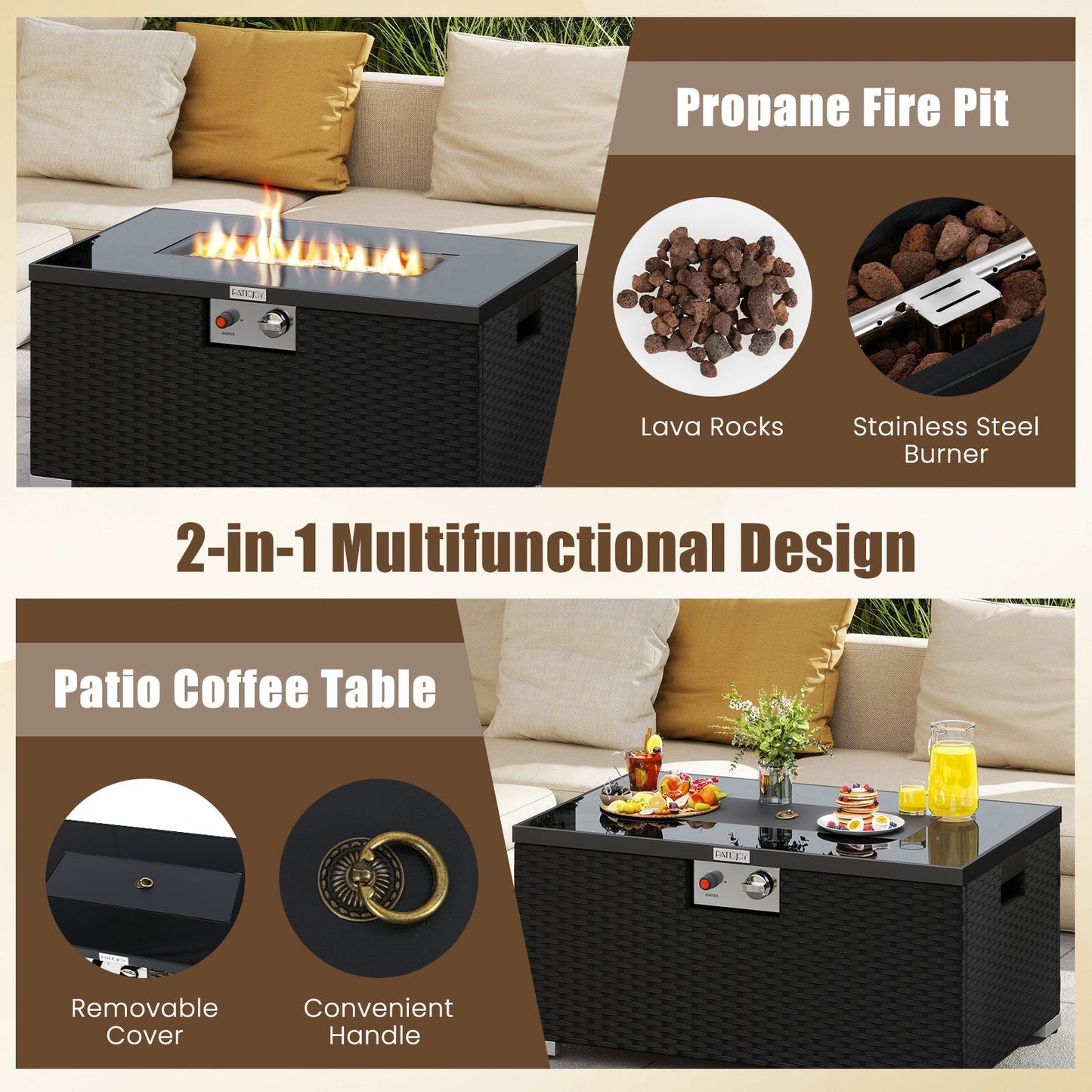 2-Piece outdoor rattan fire table set with 32in gas fire pit lava rocks burner PatioJoy on Tampa Home & Garden Store